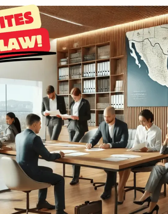 Un grupo de extranjeros revisando documentos junto a un asesor migratorio en una oficina moderna, con mapas y material informativo de México en el fondo.