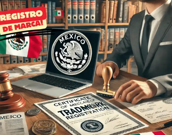 Un abogado especializado en propiedad intelectual trabaja en el registro de marca en México, con documentos legales, un sello oficial, una computadora mostrando el escudo nacional de México y una bandera mexicana al fondo.