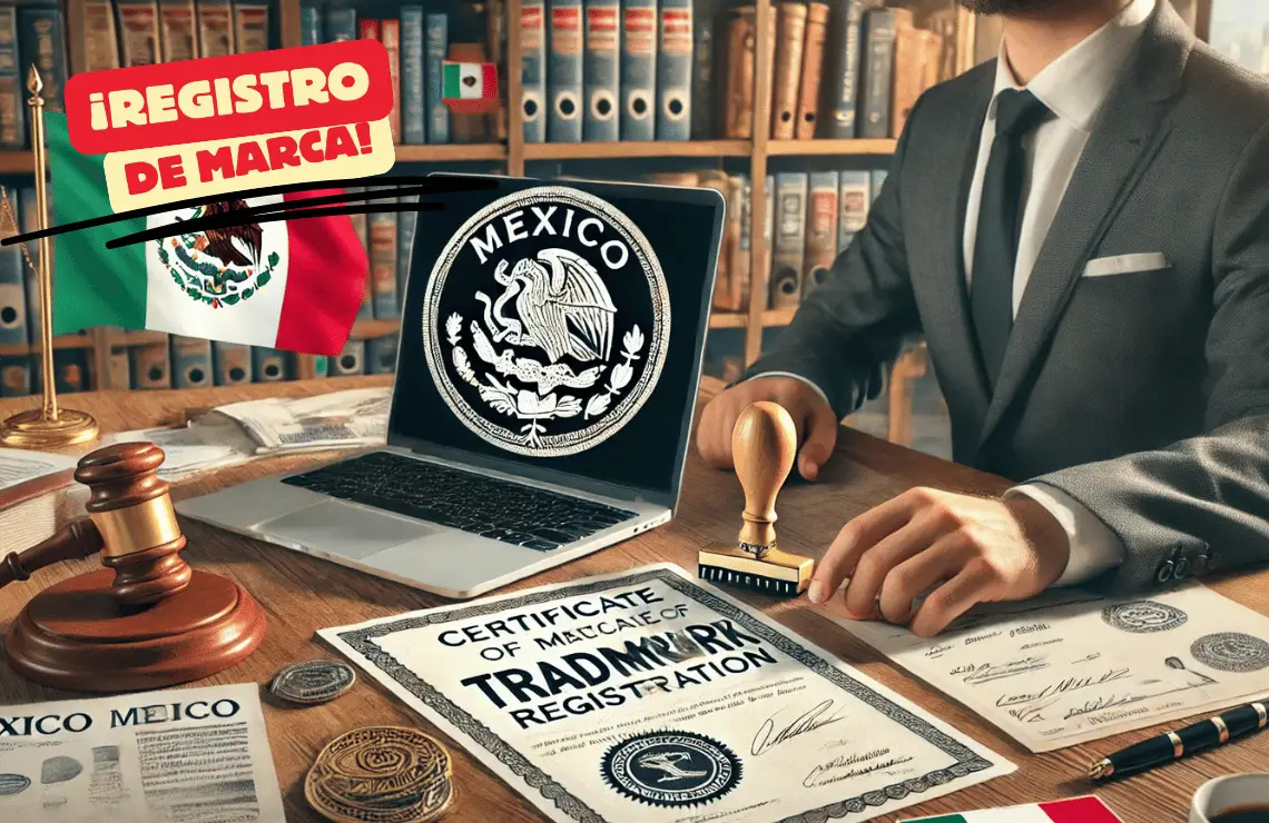 Un abogado especializado en propiedad intelectual trabaja en el registro de marca en México, con documentos legales, un sello oficial, una computadora mostrando el escudo nacional de México y una bandera mexicana al fondo.