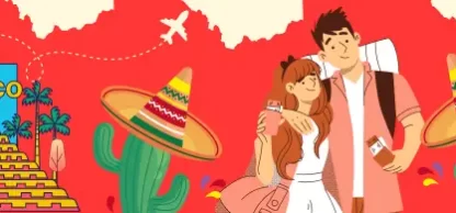 Migralaw-01 Ilustración colorida de una pareja abrazada, sosteniendo pasaportes frente a un fondo con motivos mexicanos como cactus, sombreros y una pirámide, con la palabra "MEXICO" destacada
